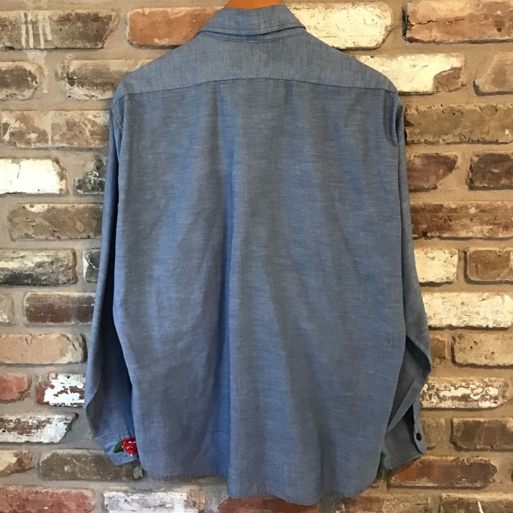 LEVI'S VTG 70's Chambray Blue Embroidered Rose Long Sleeve Orange Tab Shirt XL - Picture 3 of 7